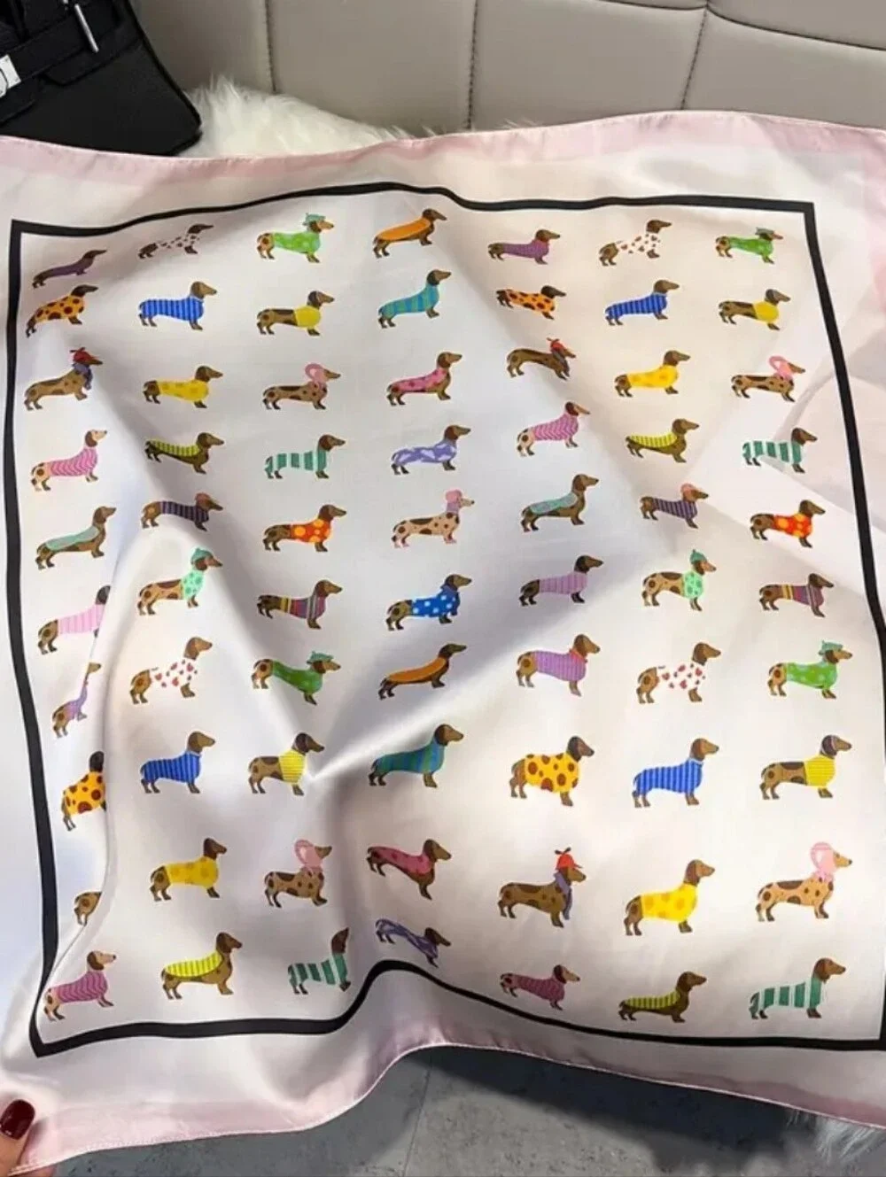 Silk-feel Dog Print Scarf in Pastel Pink and White